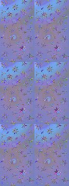 Düz Çiçek Elementleri Tasarımı. Asya tekstil tarzında. Çiçek desenli çizim. Mor ve mavi renkte çiçekler. Renkli Bahar Teması eskiz kalıbı. Raster illüstrasyonu.