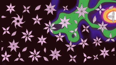 Suluboya, elle çizilmiş. Kahverengi üzerine çiçekler. Raster hisseleri. Taslak arkaplan deseni.