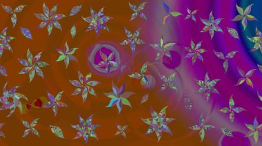 Raster illüstrasyonundaki çiçek desenli çizim. Kahverengi ve mor renkli çiçekler. Renkli Bahar Teması eskiz kalıbı. Düz Çiçek Elementleri Tasarımı.