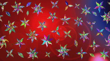 Raster düz çiçek çizim deseni. Hediye ambalaj kağıdı, tebrik kartları, posterler ve pankart tasarımı. Kırmızı ve mavi renkte çiçekler.