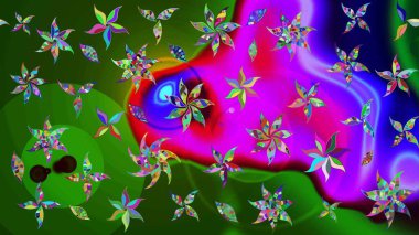 Çiçek buketleriyle klasik bir eskiz şekli. Raster illüstrasyonu. Yeşil ve morumsu renklerde.