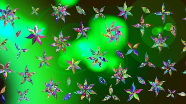 Raster illüstrasyonu. Çiçek desenli eskiz, darbeler, sıçramalar, yaz çiçekleri. Yeşil ve gri renkte çiçekler.