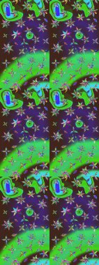 Raster illüstrasyonu. Mor ve yeşil renklerde. Çiçekli güzel suluboya desen.