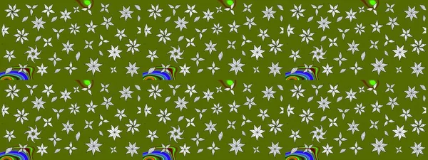 Düz Çiçek Elementleri Tasarımı. Yeşil renkli çiçekler. Raster illüstrasyonundaki çiçek desenli çizim. Renkli Bahar Teması çizim şablonu.