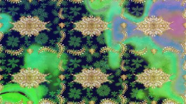 Golden outline floral decor. Raster illustration for invitations, cards, web page. Golden element on green colors. Line art sketch border for design template. Eastern style element.