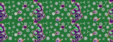 Raster illüstrasyonu. Şirin çiçekli eskiz deseni ve yeşil renkli yapraklar, suluboya çiçek deseni, duvar kağıdı, kart veya kumaş için fayanslı.