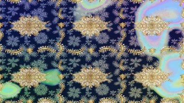 Geleneksel raster ve altın desen. Damask eskiz süsü. Klasik oryantal desen mavi renkler üzerinde.