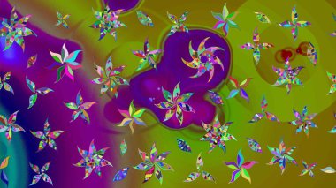 Düz Çiçek Elementleri Tasarımı. Renkli Bahar Teması eskiz kalıbı. Eskiz klasiği. Raster Şirin kumaş deseni.