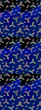 Raster illüstrasyonu. Noel ve yeni yıl moda baskıları için tatil tasarımı. Kar tanelerinin soyut arkaplanlı Noel şablonu. Mavi, siyah ve yeşil renkler.