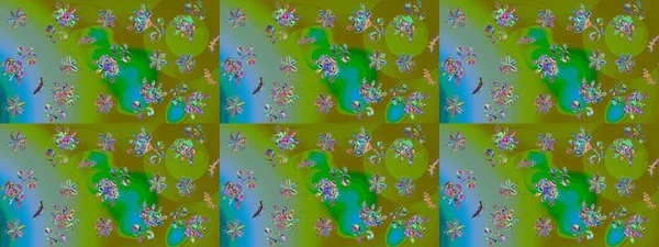 Çocuksu tasarım. Yeşil arka planda. Tekstil, kumaş, ambalaj, hatıra defteri için hoş bir çiçek arkaplanı. Elle çizilmiş karalama çiçekleri ile Raster çizim deseni.