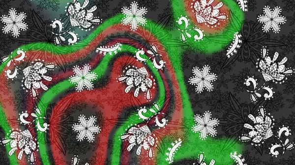 Raster Illustrasyon 'daki Çiçek Deseni' nin son moda çizimi. Renkli Yaz Temalı eskiz kalıbı. Düz Çiçek Elementleri Tasarımı. Gri ve yeşil renkte çiçekler.