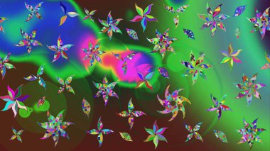 Düz Çiçek Elementleri Tasarımı. Yeşil ve mavi renkte çiçekler. Raster Illustrasyon 'daki Çiçek Deseni' nin son moda çizimi. Renkli Yaz Teması çizim şablonu.