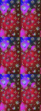 Suluboya elle çizilmiş çiçek desenli eskiz deseni. Parlak renkli fantezi çiçekleri, yapraklar, kırmızı ve mor renkli tomurcuklar ve kırmızı ve mor.