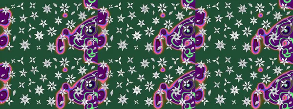 Raster Çiçek İllüstrasyonu güzel tekstil. Yeşil renkli etnik çiçeklerle zarif eskiz deseni.