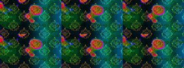 Çiçekli karalama şeklinde Raster çiçek deseni. Mavi, yeşil ve siyah renkte çiçekler. Nazik, sevimli çiçek arkaplanı..