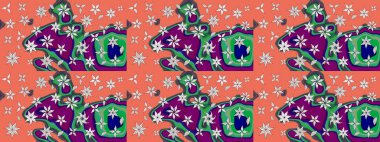 Çiçek desenli eskiz. Renkli Bahar Teması eskiz kalıbı. Turuncu ve yeşil renkli çiçekler. Düz Çiçek Elementleri Tasarım Raster illüstrasyonu.