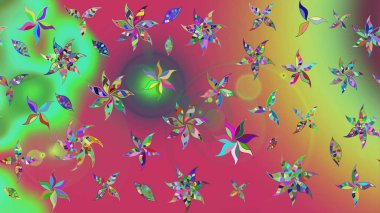 Raster illustration. Sketch flowers pattern. Flowers on green and pink colors. Raster illustration. In asian textile style.