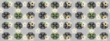 Yeşil, nötr ve gri üzerine altın rengi klasik barok çiçek deseni. Yeşil, nötr ve gri renklerde altın element. Süslü raster dekorasyonu. Lüks, kraliyet ve Viktorya dönemi konsepti.