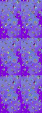 Düz Çiçek Elementleri Tasarımı. Renkli Bahar Teması eskiz kalıbı. Raster illüstrasyonundaki çiçek desenli çizim. Mor ve mavi renkte çiçekler.