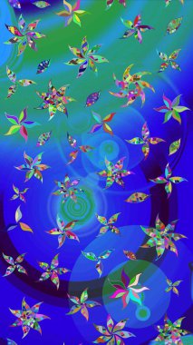 Raster illüstrasyonu. Mavi ve yeşil kıvırcık çiçekler mavi ve yeşil renklerde şekillenir. Klasik çiçek tasarım elementleri.