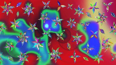 Raster illüstrasyonundaki çiçek desenli çizim. Kırmızı ve mavi renkte çiçekler. Renkli Bahar Teması eskiz kalıbı. Düz Çiçek Elementleri Tasarımı.