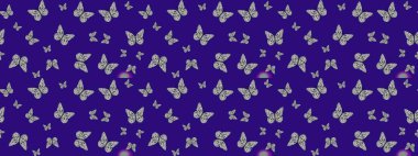 Raster illüstrasyonu. Mavi ve gri renkli resim. Moda Kumaşı Tasarımı. Kelebekli parlak çizim deseni.