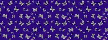 Raster illüstrasyonu. Mavi ve gri renkli resim. Moda Kumaşı Tasarımı. Kelebekli parlak çizim deseni.