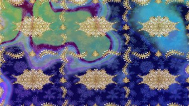 Tasarım için Damask çizim kalıbı. Mavi renkler ve altın elementler üzerine Raster çizim deseni.