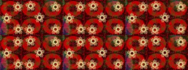 Kar tanelerinin soyut arkaplanlı Noel şablonu. Raster illüstrasyonu. Noel ve yeni yıl moda baskıları için tatil tasarımı. Kahverengi, kırmızı ve yeşil kar taneleri.