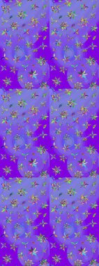 Mor ve yeşil renklerde. Güzel kumaş deseni. Raster illüstrasyonundaki çiçek desenli çizim. Raster illüstrasyonu.