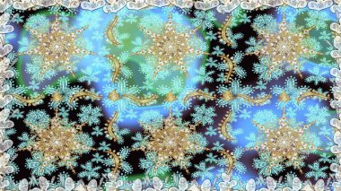 Altın çiçekli, pürüzsüz desen. Mavi renkte altın bir element. Barok tarzında altın çiçekli süs. Damask arkaplanı.