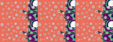 Turuncu renkli etnik çiçekli zarif eskiz deseni. Asya Tekstil 'inde Raster Çiçek İllüstrasyonu.