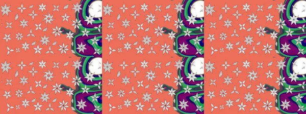 Turuncu renkli etnik çiçekli zarif eskiz deseni. Asya Tekstil 'inde Raster Çiçek İllüstrasyonu.