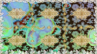 Hassas altın deseni açın. Raster. Doğu tarzı arabesk. Parlak dantel, stilize çiçekler, şal desenli. Tarafsız renklerde, altın elementlerle kusursuz desen. Kusursuz altın dokular bukleler.