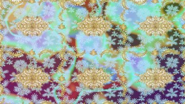 Raster altın tekstil baskısı. Eskiz desenli oryantal süs. Çiçek kiremitleri. İslam tasarımı. Altın elementlerle nötr renklerde altın desen.