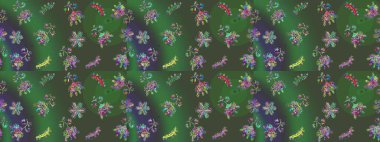 İllüzyon. Düşen Noel stili kar taneleri. Renkli bir arkaplanda güzel raster yeşili, mor ve mavi kar taneleri. Kar taneleri, kar yağışı.