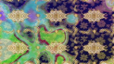 Barok tarzında eskiz oryantal süsü. Geleneksel klasik Raster altın eskiz modeli. Mavi renklerdeki altın elementler.