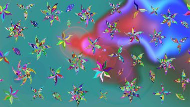 Çocuksu tasarım. Tekstil, kumaş, ambalaj, hatıra defteri için hoş bir çiçek arkaplanı. Elle çizilmiş çiçek desenli Raster çizimi. Mavi ve yeşil arkaplanda.