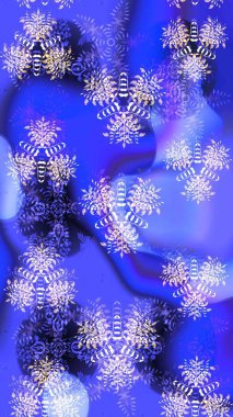 Kar tanelerinin soyut arkaplanlı Noel şablonu. Raster illüstrasyonu. Mor, mavi ve nötr kar taneleri. Noel ve Yeni Yıl moda baskıları için tatil tasarımı.