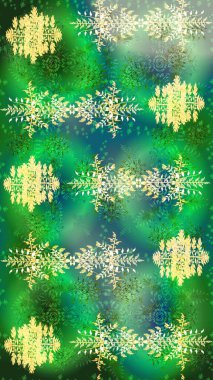 Kış kar taneleri, raster arka plan. Yüzey için tekrarlanan doku, ambalaj kağıdı, yeşil, mavi ve nötr renkler üzerine kar tanesi.