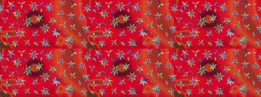 Raster Floral Illustration, Asyalı tekstil. Kırmızı ve turuncu renkli etnik çiçeklerle zarif bir eskiz deseni..