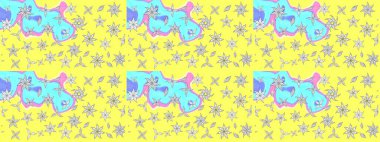 Raster illüstrasyonu. Raster deseni. Sarı ve mavi renklerde bahar çiçekleri. Patlayan çiçekler soyut yerleştirilmiş.