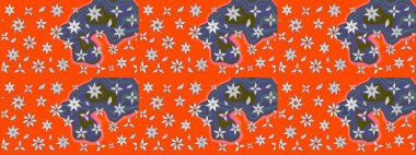 Çiçeksel elementlerle süslenmiş zarif raster dokusu. Turuncu ve mavi renkli parlak çiçekli soyut çizim deseni. Küçük çiçekte şirin bir çiçek deseni var..