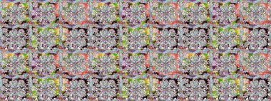 Renkli Bahar Temalı Kusursuz Arkaplan. Raster illüstrasyonu. Güzel kumaş deseni. Düz Çiçek Elementleri Tasarımı. Kusursuz çiçek deseni. Asya tekstil tarzında.