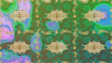 Raster oryantal süs. Yeşil renkler ve altın elementler üzerine çizim. Altın deseni çiz.