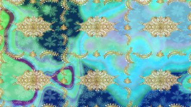 Klasik klasik klasik arka plan. Geleneksel oryantasyon süsü. Klasik Raster Golden eskiz kalıbı. Mavi renkler ve altın elementlerle çizim deseni.