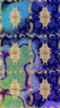 Tasarım için Damask çizim kalıbı. Mavi renkler ve altın elementler üzerine Raster çizim deseni.