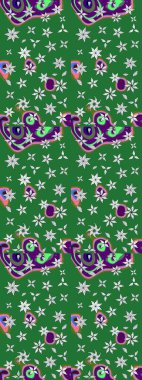 Raster illüstrasyonu. Şirin çiçekli eskiz deseni ve yeşil renkli yapraklar, suluboya çiçek deseni, duvar kağıdı, kart veya kumaş için fayanslı.