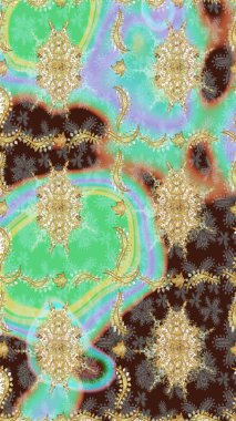 Altın şablonu çiz. Tarafsız renkler ve altın elementler. Raster altın çiçek süsü brokar kumaş ve cam desenli. Çiçek desenli altın metal..