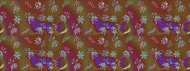 Kar tanelerinin soyut arkaplanlı Noel şablonu. Raster illüstrasyonu. Kahverengi, mor ve yeşil kar taneleri. Noel ve Yeni Yıl moda baskıları için tatil tasarımı.